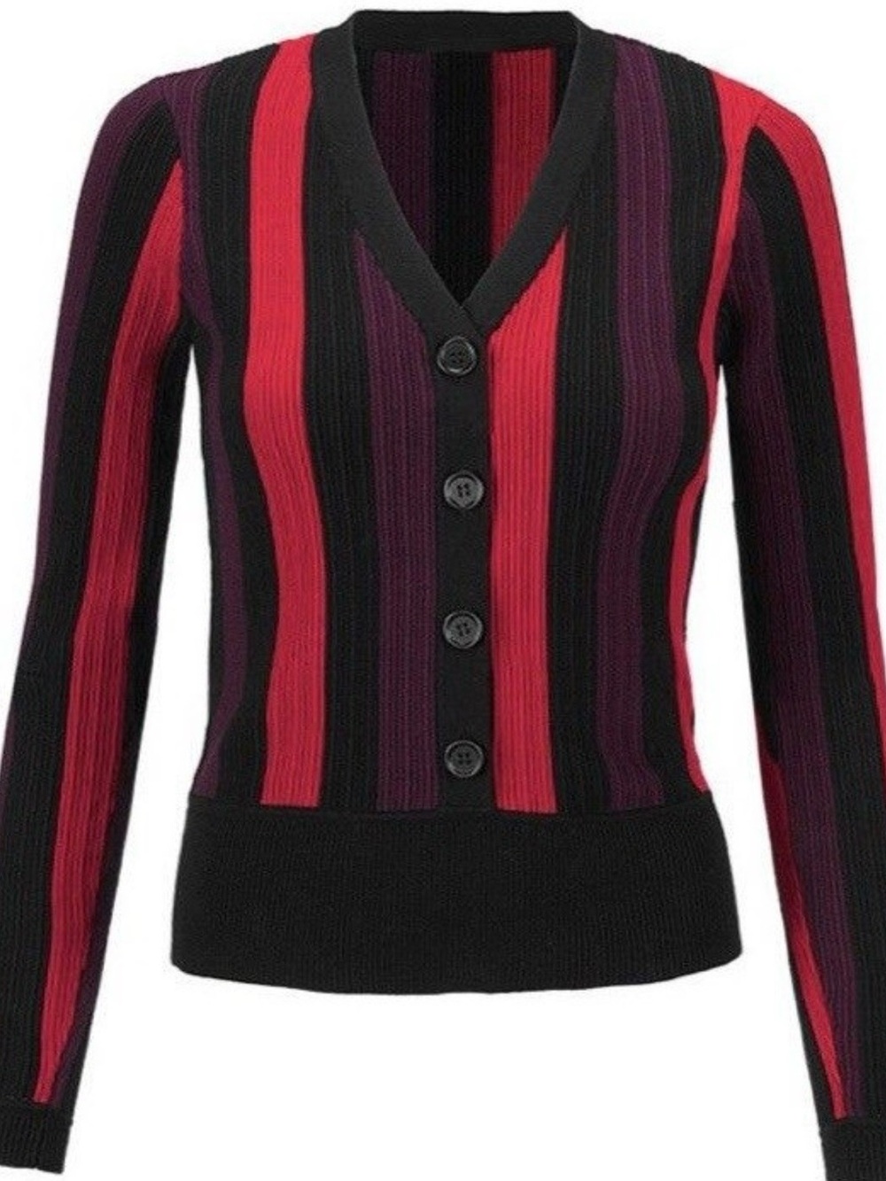 CAbi Striped V-Neck Royal Pullover in Red, Black & Purple